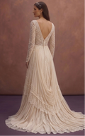 Champagne Bohemian Lace Wedding Dress with Flowing Train