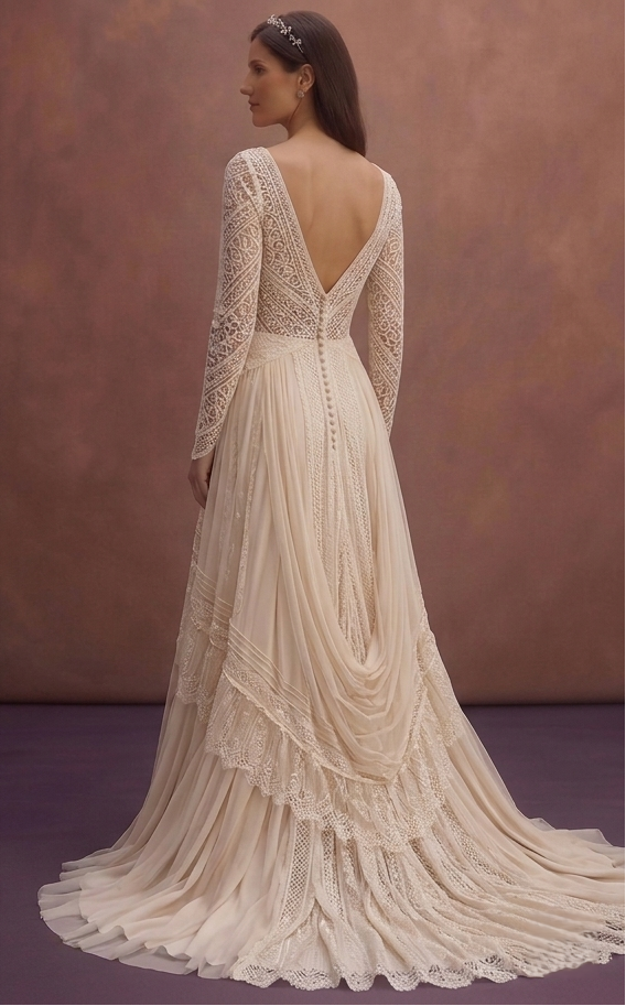 Champagne Bohemian Lace Wedding Dress with Flowing Train