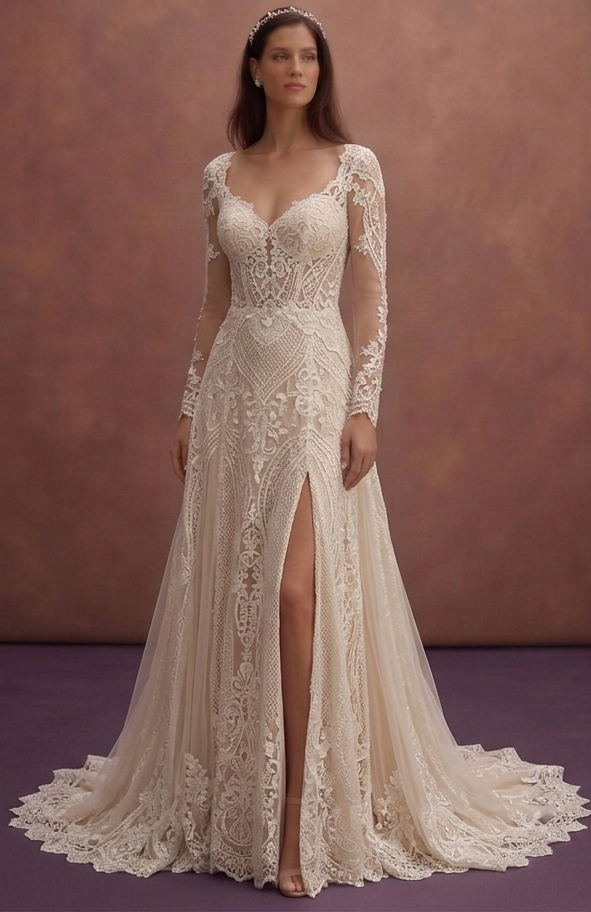 Champagne Bohemian Lace Wedding Dress with Flowing Train
