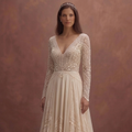 Champagne Bohemian Lace Wedding Dress with Flowing Train