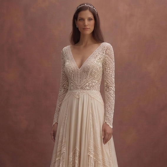 Champagne Bohemian Lace Wedding Dress with Flowing Train