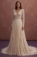 Champagne Bohemian Lace Wedding Dress with Flowing Train