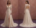 Champagne Bohemian Lace Wedding Dress with Flowing Train