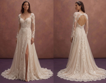 Champagne Bohemian Lace Wedding Dress with Flowing Train