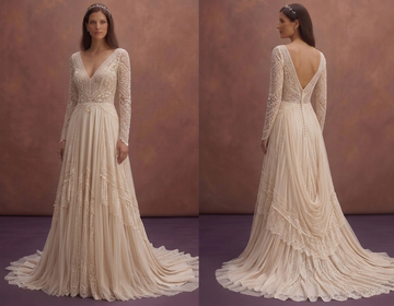 Champagne Bohemian Lace Wedding Dress with Flowing Train