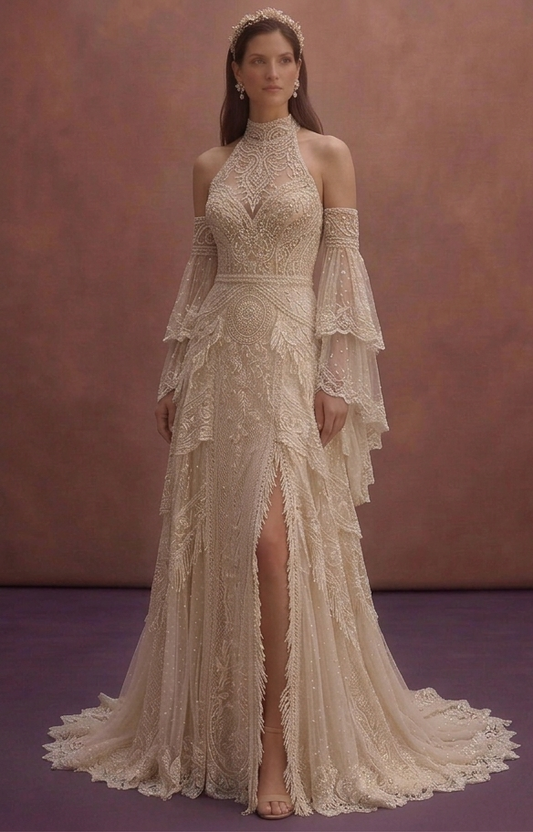 Champagne Bohemian Lace Wedding Dress with Flowy Train