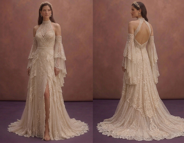 Champagne Bohemian Lace Wedding Dress with Flowy Train