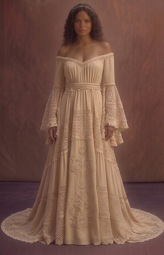 Champagne Bohemian Wedding Dress with Bell Sleeves