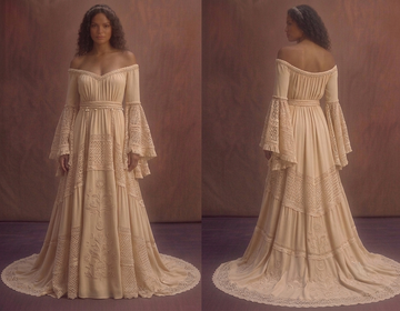 Champagne Bohemian Wedding Dress with Bell Sleeves