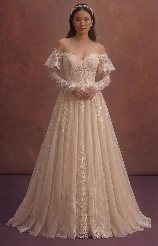 Champagne Bohemian Wedding Dress with Lace Sleeves