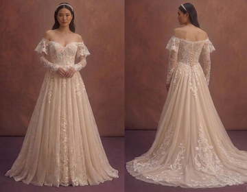 Champagne Bohemian Wedding Dress with Lace Sleeves
