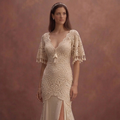 Champagne Bohemian Wedding Dress with Romantic Crochet Lace