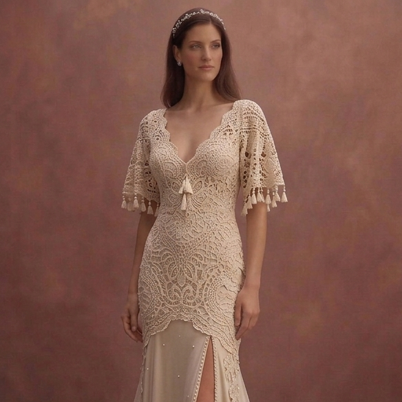 Champagne Bohemian Wedding Dress with Romantic Crochet Lace
