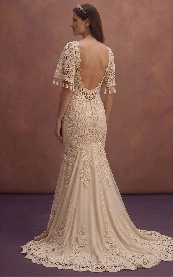 Champagne Bohemian Wedding Dress with Romantic Crochet Lace