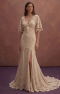 Champagne Bohemian Wedding Dress with Romantic Crochet Lace