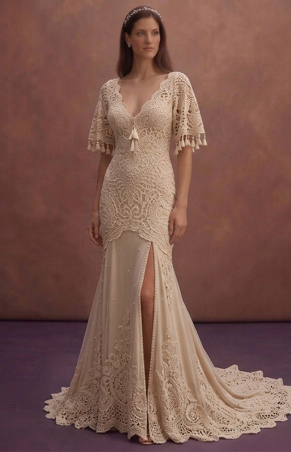 Champagne Bohemian Wedding Dress with Romantic Crochet Lace