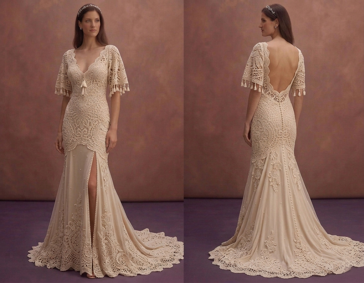 Champagne Bohemian Wedding Dress with Romantic Crochet Lace