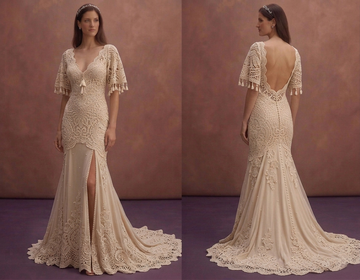 Champagne Bohemian Wedding Dress with Romantic Crochet Lace