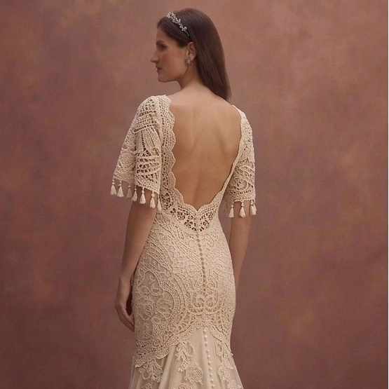 Champagne Bohemian Wedding Dress with Romantic Crochet Lace