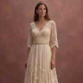 Champagne Bohemian Wedding Dress with Soft Lace Sleeves