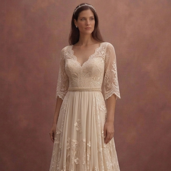 Champagne Bohemian Wedding Dress with Soft Lace Sleeves