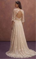 Champagne Bohemian Wedding Dress with Soft Lace Sleeves