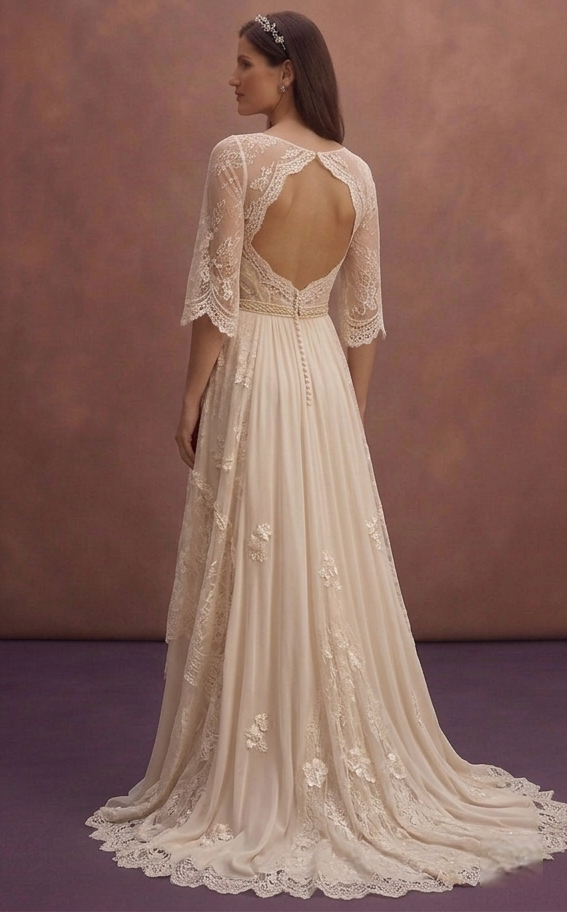 Champagne Bohemian Wedding Dress with Soft Lace Sleeves