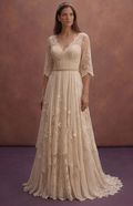 Champagne Bohemian Wedding Dress with Soft Lace Sleeves