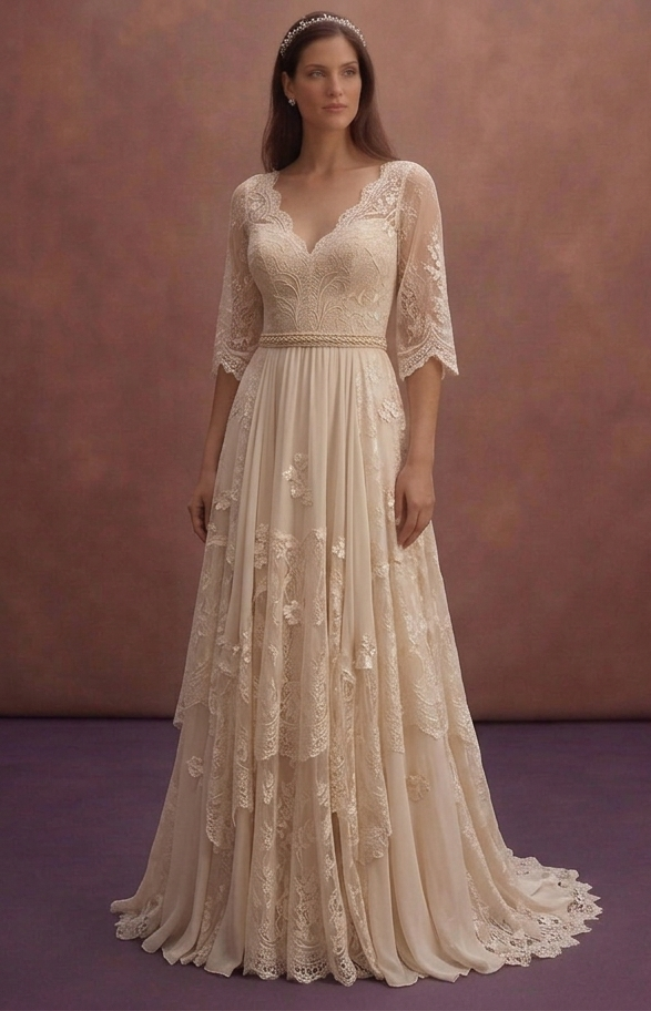 Champagne Bohemian Wedding Dress with Soft Lace Sleeves