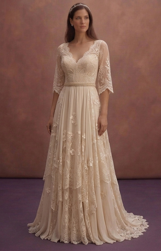 Champagne Bohemian Wedding Dress with Soft Lace Sleeves