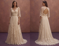 Champagne Bohemian Wedding Dress with Soft Lace Sleeves