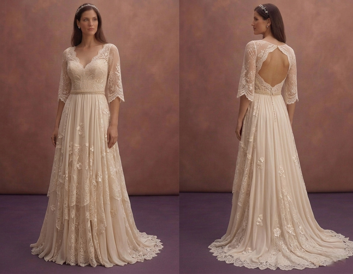 Champagne Bohemian Wedding Dress with Soft Lace Sleeves