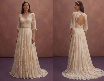 Champagne Bohemian Wedding Dress with Soft Lace Sleeves
