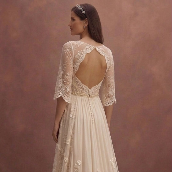 Champagne Bohemian Wedding Dress with Soft Lace Sleeves