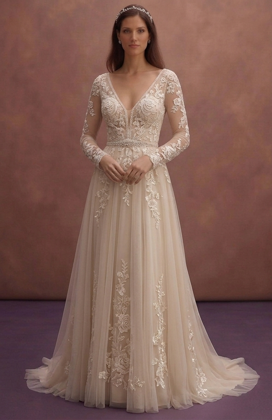Champagne Boho Bridal Dress with Floral Lace Accent Details