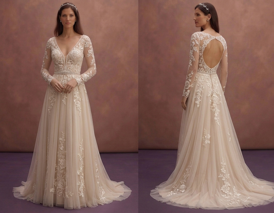 Champagne Boho Bridal Dress with Floral Lace Accent Details
