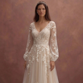 Champagne Boho Bridal Dress with Floral Lace Accents