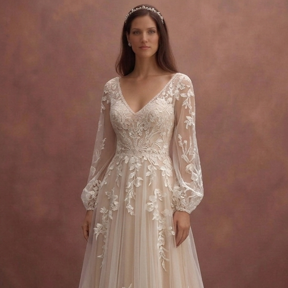 Champagne Boho Bridal Dress with Floral Lace Accents