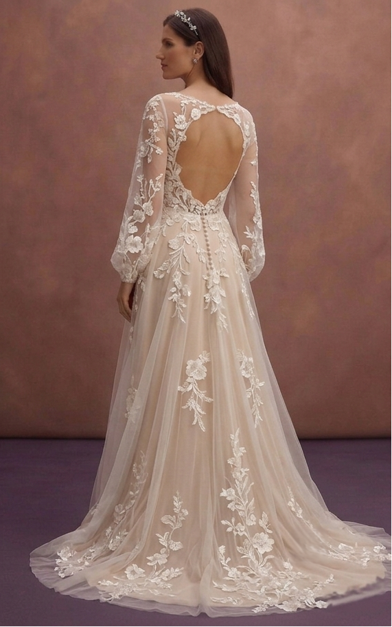 Champagne Boho Bridal Dress with Floral Lace Accents