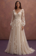 Champagne Boho Bridal Dress with Floral Lace Accents