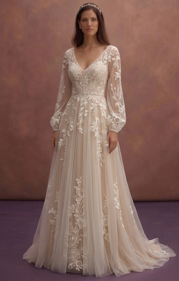 Champagne Boho Bridal Dress with Floral Lace Accents