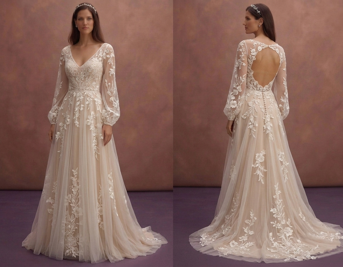 Champagne Boho Bridal Dress with Floral Lace Accents