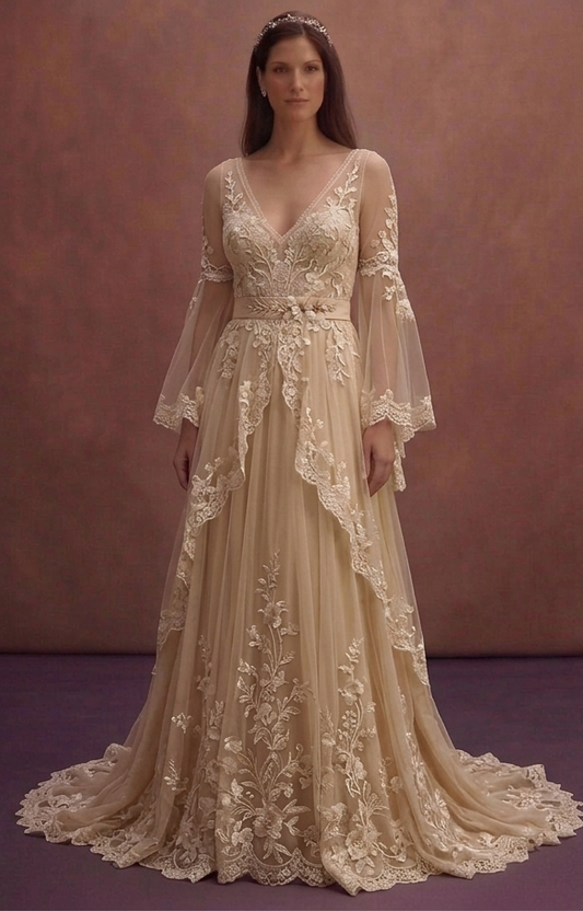 Champagne Boho Bridal Dress with Floral Lace Details