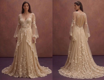 Champagne Boho Bridal Dress with Floral Lace Details