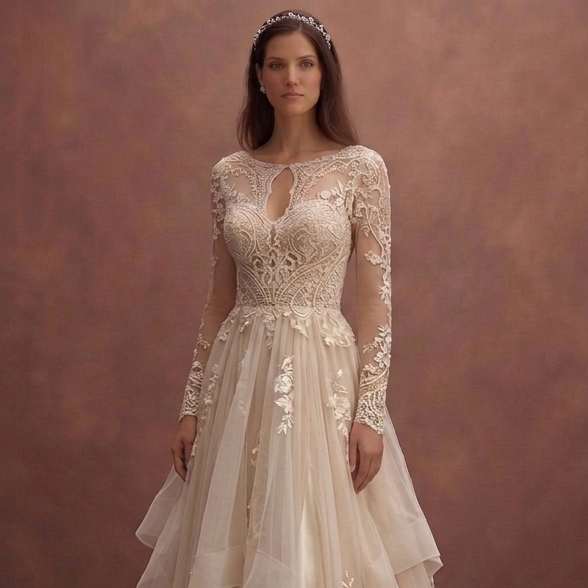 Champagne Boho Chic Wedding Dress with Flowing Skirt