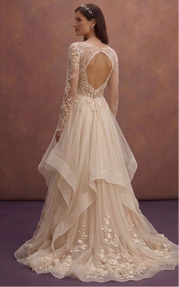 Champagne Boho Chic Wedding Dress with Flowing Skirt
