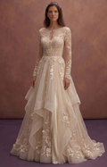 Champagne Boho Chic Wedding Dress with Flowing Skirt