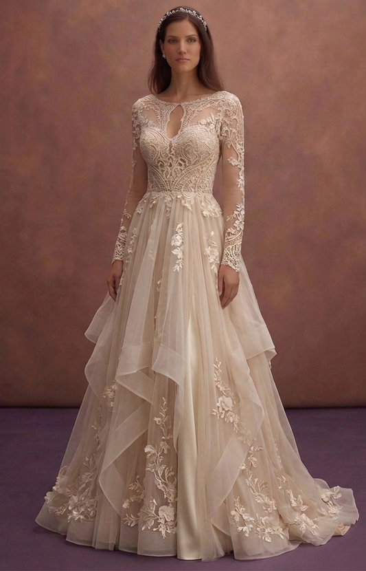 Champagne Boho Chic Wedding Dress with Flowing Skirt
