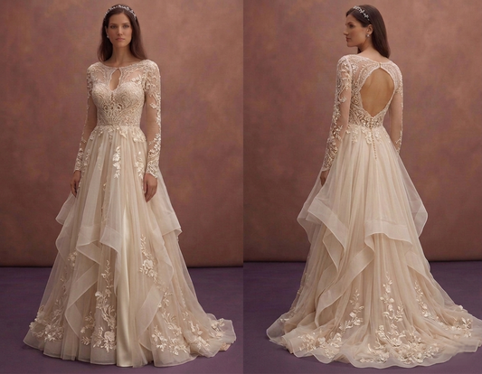 Champagne Boho Chic Wedding Dress with Flowing Skirt
