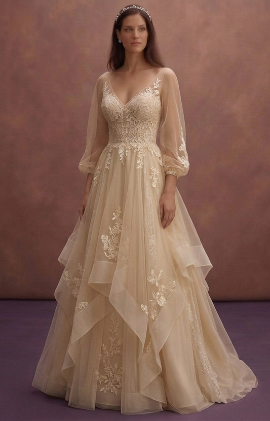Champagne Boho Chic Wedding Dress with Soft Layers